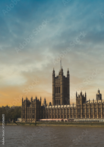 The Palace of Westminster along the banks of the Thames in central London, UK.
