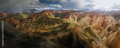 Colorful mountains at Landmannalaugar in Fjallabak natural reserve, Iceland. Beautiful nature landscape panorama, aerial drone view from above