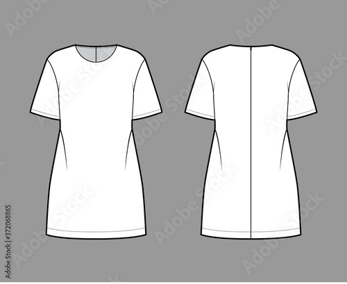 Oversized tunic technical fashion illustration with round neck, elbow sleeves, back zip fastening, above-the-knee length. Flat apparel blouse template front, back white color. Women men unisex shirt