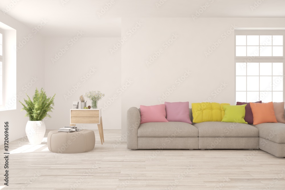 White living room with sofa. Scandinavian interior design. 3D illustration White living room with sofa. Scandinavian interior design. 3D illustration