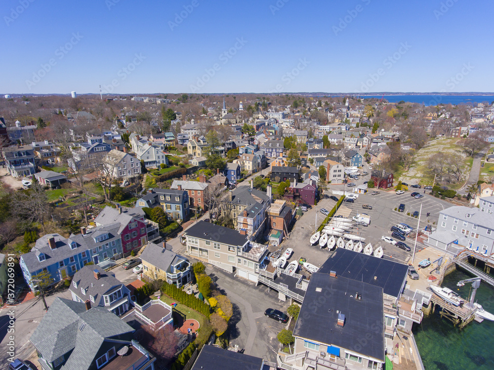 Aerial view of historic Marblehead town center and Marblehead harbor, Marblehead, Massachusetts MA, USA.