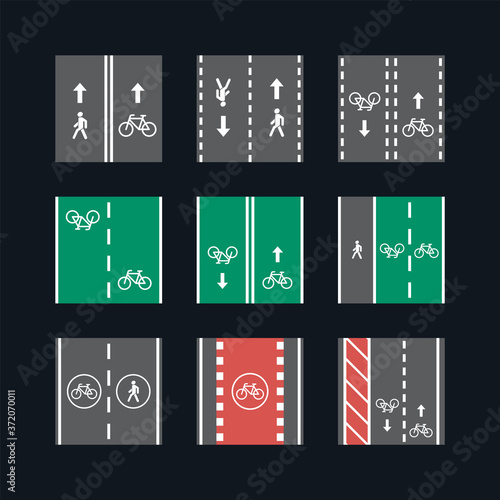 Bicycle and pedestrian road sign illustration set - square icons and pattern traffic markup signs - isolated vector