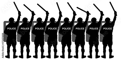 Crowd of riot police special forces with shields and batons. Silhouette vector illustration