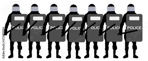 Detachment of riot police with shields and clubs stand in line. Silhouette vector illustration