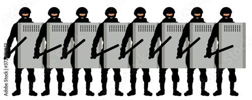 Group of riot police with shields and batons