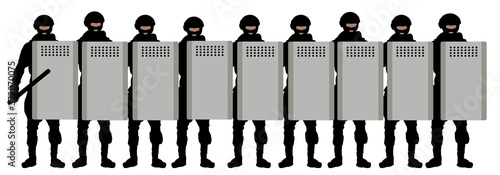 Riot squad crowd with shields. Police special forces with batons. Silhouette vector illustration
