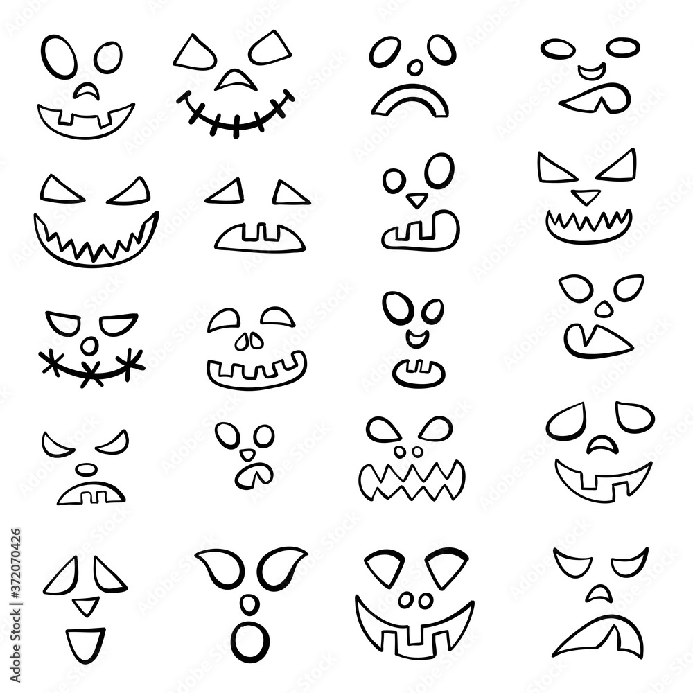 Pumpkin faces. Halloween evil devil face. Scary smile mouth, spooky mean devils nose, jack creepy mouths and pumpkins eyes, lantern goofy black silhouette vector illustration symbols set
