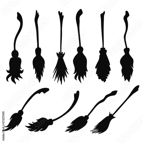 Set of witch brooms for halloween card design on white, stock vector illustration