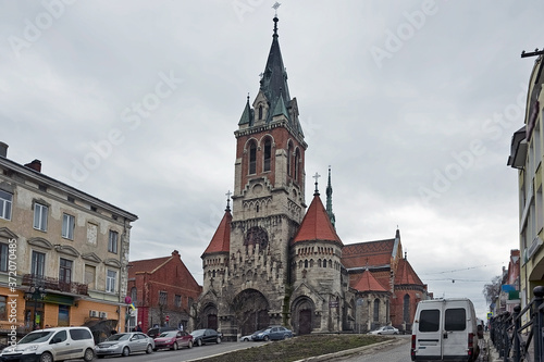 The view to Church of Our Lady of the Holy Rosary and St. Stanislaus town, Ukraine