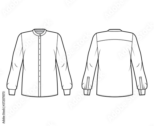 Shirt technical fashion illustration with rounded mandarin collar, long sleeves with cuff, oversized body, back round yoke. Flat apparel top template front, back white color. Women men unisex blouse