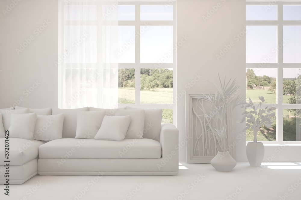 White living room with sofa and summer landscape in window. Scandinavian interior design. 3D illustration White living room with sofa and summer landscape in window. Scandinavian interior design. 3D illustration