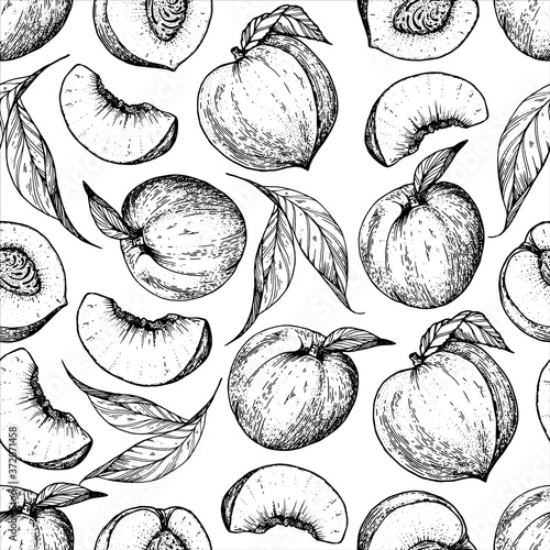 Seamless pattern with peach fruit. Hand drawn sketch. Black and white style illustration. Vector illustration.