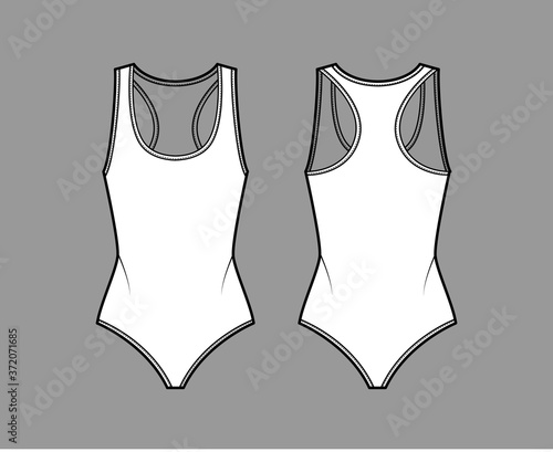 Cotton-jersey bodysuit technical fashion illustration with racer-back, deep U-neckline. Flat outwear one-piece apparel template front, back, white color. Women, men, unisex swimsuit CAD mockup. 