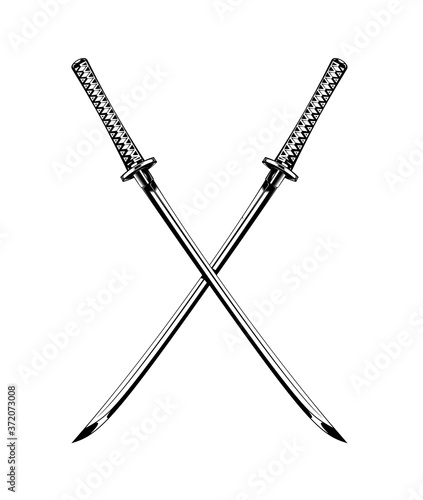 Vintage monochrome japanese crossed swords illustration. Isolated vector template
