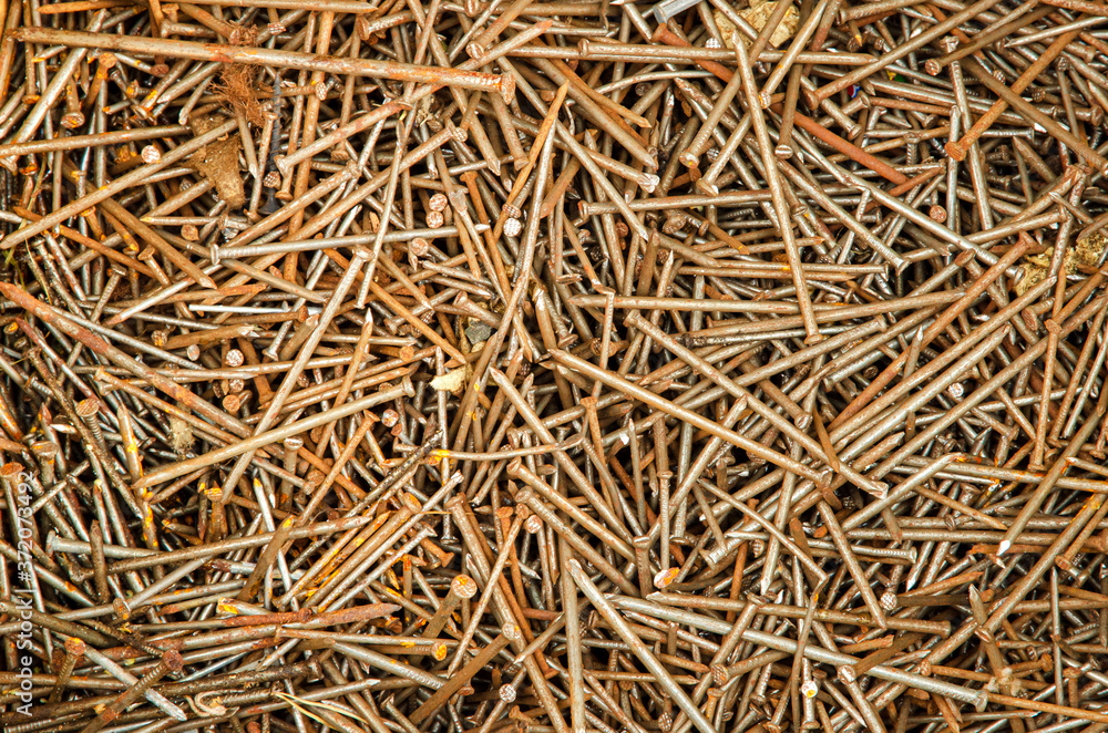 Many nails of different sizes, lying in different directions. The metal is rusty. Background. Texture. Many nails of different sizes, lying in different directions. The metal is rusty. Background. Texture.