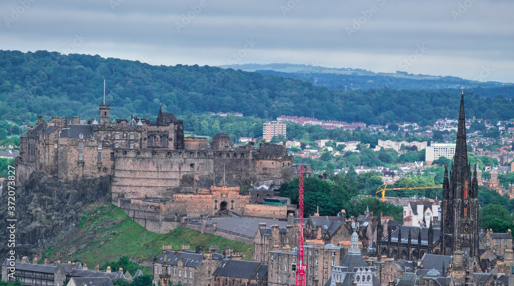 Aerial view of Edinburgh Castle and old town skyline
