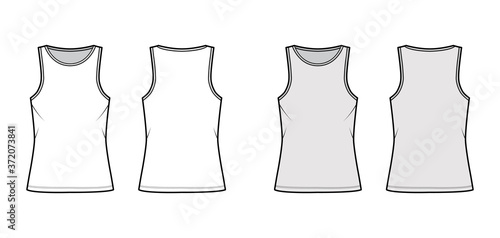 Cotton-jersey tank technical fashion illustration with relaxed fit, elongated hem, crew neckline. Flat outwear basic apparel template front, back, white grey color. Women, men, unisex shirt top mockup