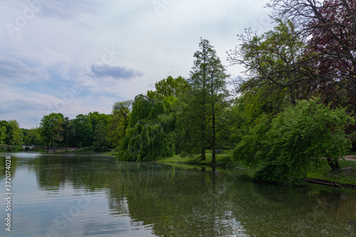 lake in Royal Baths Park is the largest park in Warsaw, Poland