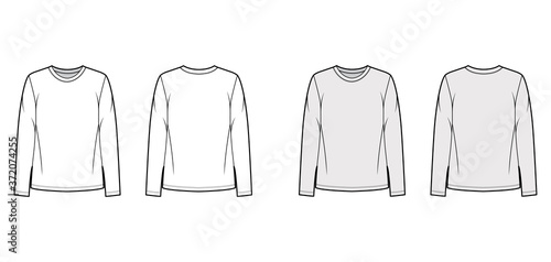 Cotton-jersey shirt technical fashion illustration with relaxed fit, crew neckline, long sleeves. Flat outwear basic apparel template front, back, white, grey color. Women, men, unisex top CAD mockup