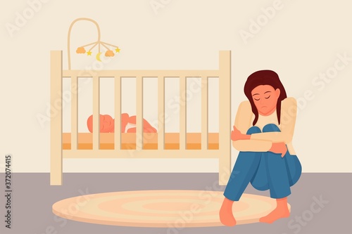 Postpartum depression concept in flat style. Tired, sad mother, woman sitting on floor near bad with sleeping baby. Psychology problem, parent difficulty.
