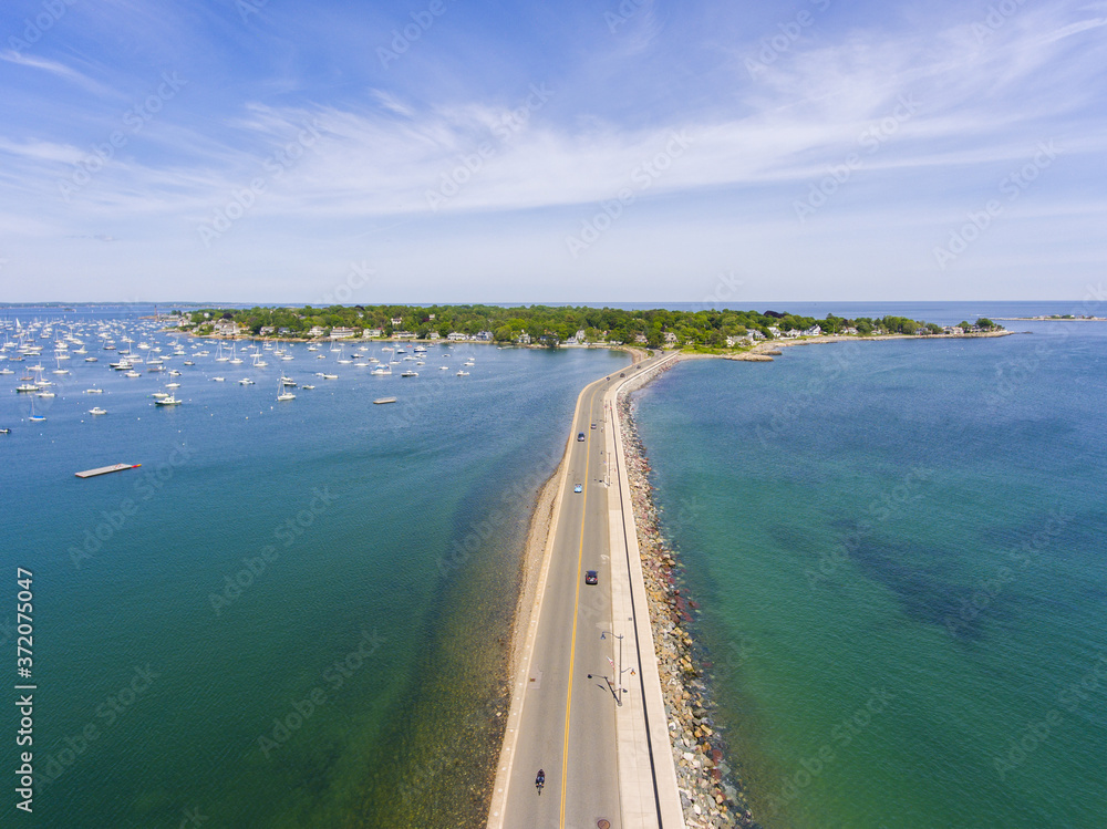 Aerial view of Marblehead causeway on Ocean Avenue and Marblehead Harbor in town of Marblehead, Massachusetts MA, USA. 