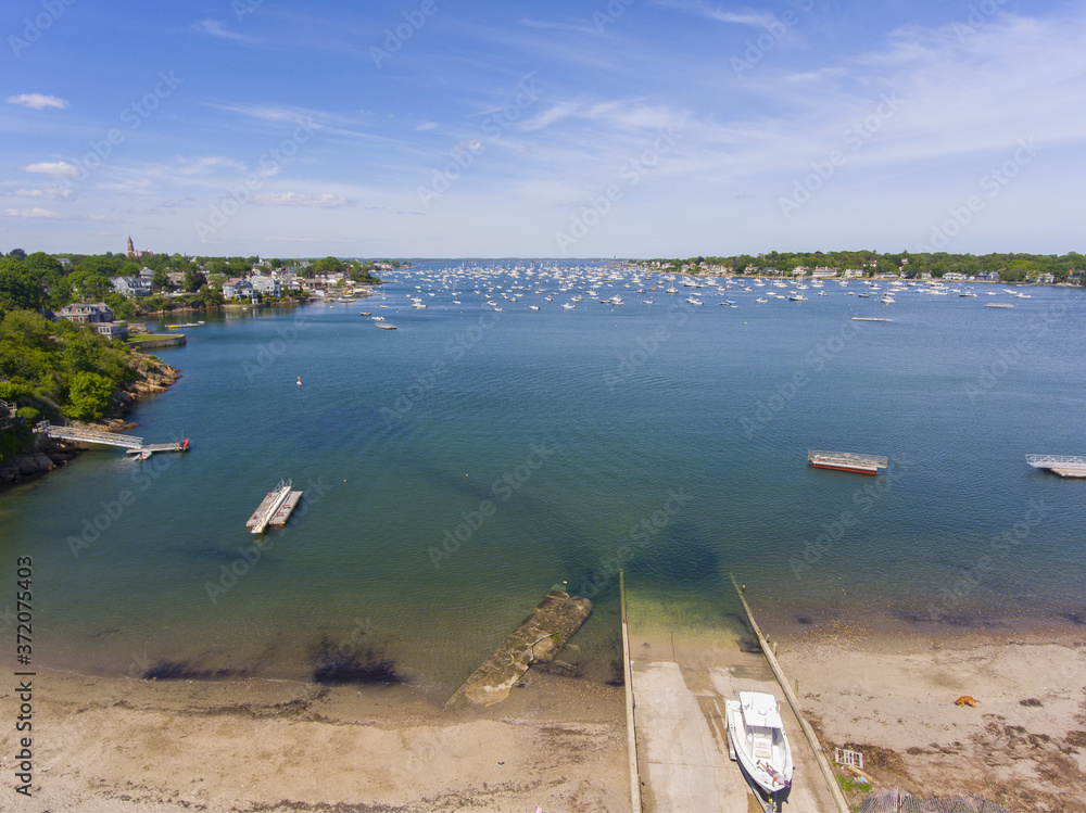 Aerial view of Marblehead town center and Marblehead Harbor in town of Marblehead, Massachusetts MA, USA. 