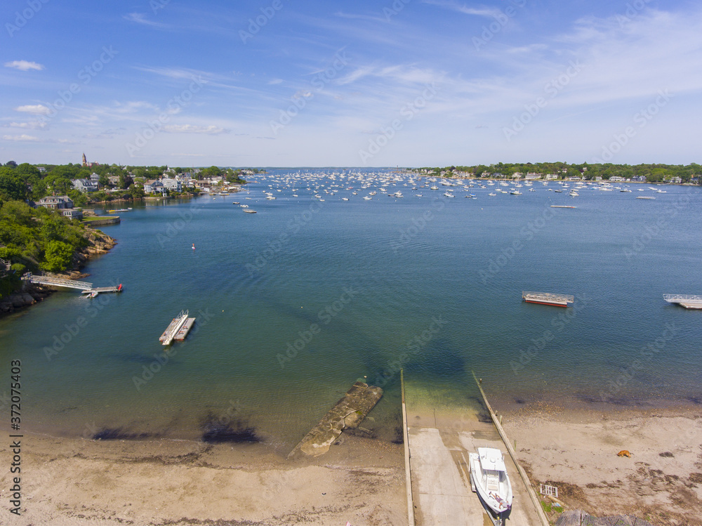 Obraz premium Aerial view of Marblehead town center and Marblehead Harbor in town of Marblehead, Massachusetts MA, USA. 