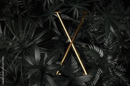 3d rendering of golden X shape over tropical plants. Flat lay of minimal nature style concept