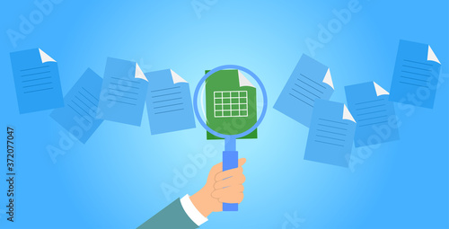 Vector concept of document search. Concept of paperwork and database in business company