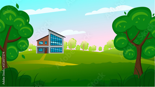 Modern house made of wood, concrete and glass in the forest. Contemporary cottage on a green lawn, large trees and sunlight. Vector cartoon summer landscape.
