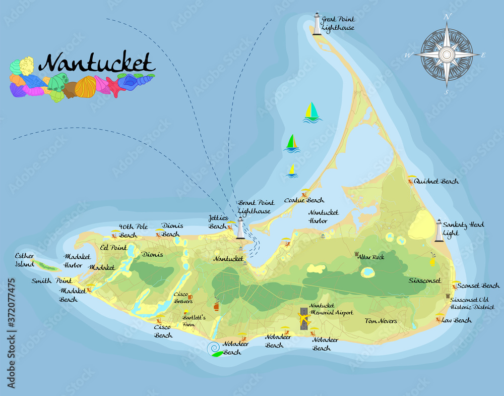 Nantucket Island. Realistic satellite background map with designation ...