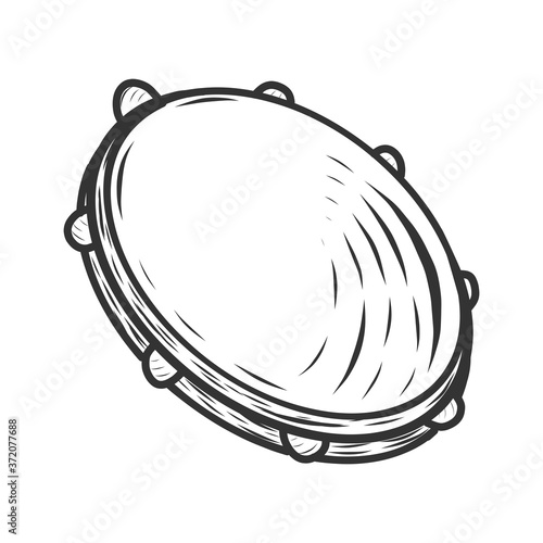 Tambourine, musical instrument. Sketch scratch board imitation.