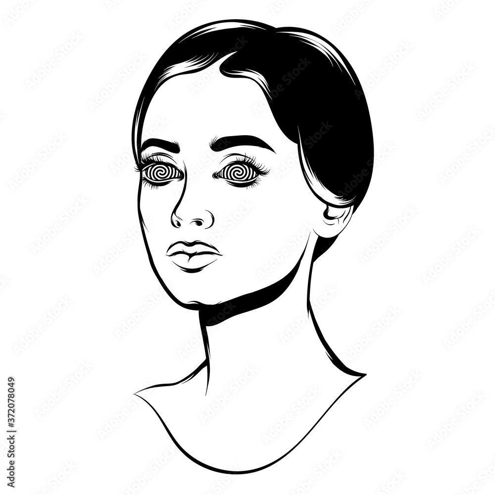 Vector hand drawn illustration of girl with spirals in her eyes. Creative tattoo artwork. Template for card, poster, banner, print for t-shirt, pin, badge, patch. Vector hand drawn illustration of girl with spirals in her eyes. Creative tattoo artwork. Template for card, poster, banner, print for t-shirt, pin, badge, patch.
