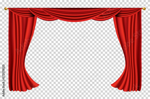 Red curtains realistic. Theater fabric silk decoration for movie cinema or opera hall. Curtains and draperies interior decoration object. Isolated on transparent for theater stage