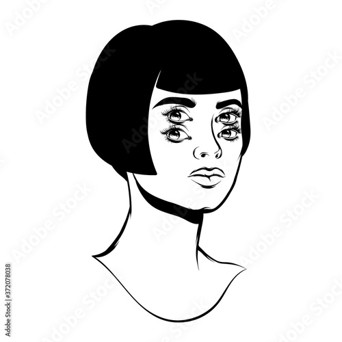 Vector hand drawn illustration of girl with four eyes and bob hairstyle. Creative tattoo  artwork. Template for card, poster, banner, print for t-shirt, pin, badge, patch.