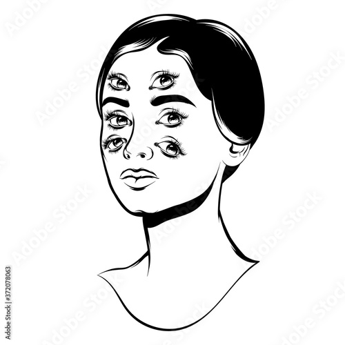 Vector hand drawn illustration of girl with six eyes. Creative tattoo  artwork. Template for card, poster, banner, print for t-shirt, pin, badge, patch.