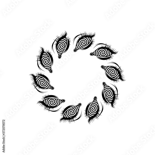 Vector hand drawn illustration of circle of human eyes with spirals. Creative tattoo  artwork. Template for card, poster, banner, print for t-shirt, pin, badge, patch.