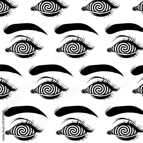 Vector pattern with  hand drawn illustration of  human eyes with spirals. Creative tattoo  artwork. Template for card, poster, banner, print for t-shirt, pin, badge, patch.