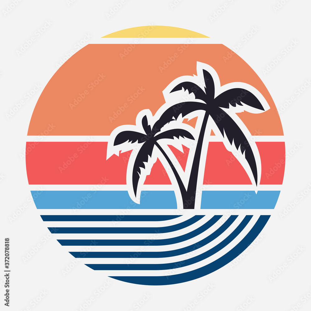 Design t-shirts. Summer adventures. Surf theme. Sea, waves, palm trees, beach. Fully editable vector image.