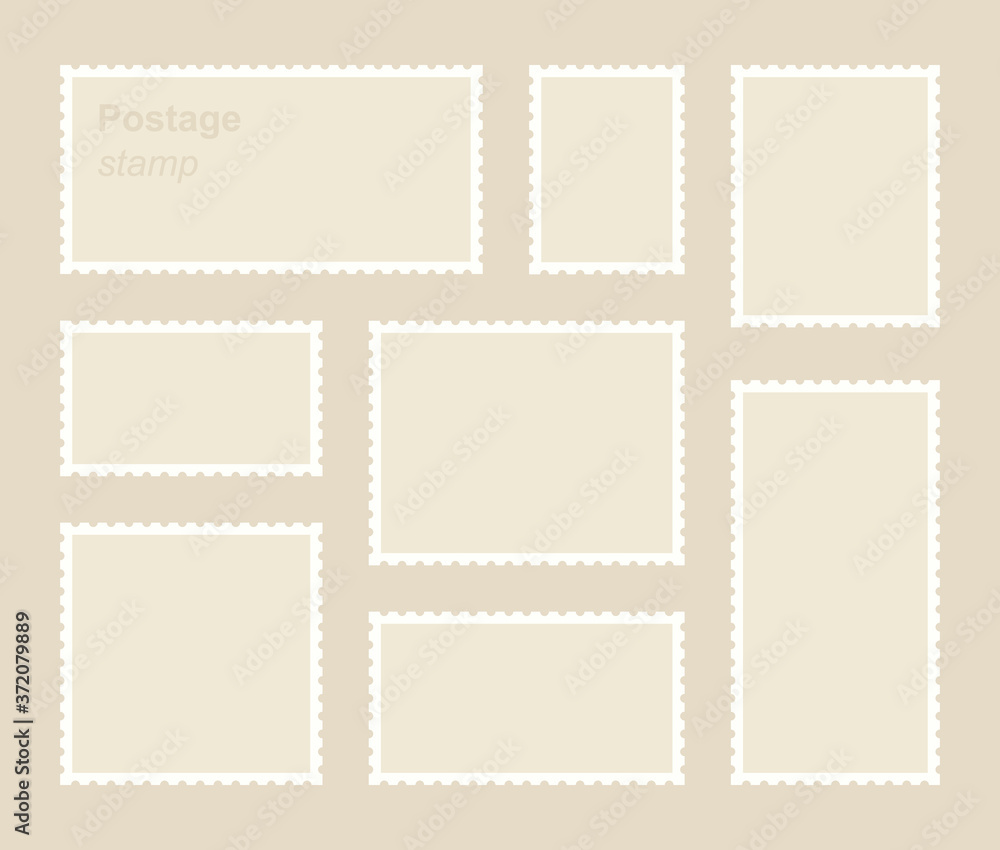 Set blank postage stamp.Toothed border mailing postal sticker template. Vector graphic design