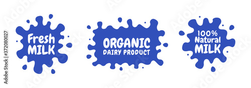 Milk emblems and dairy labels with splashes and blots. Vector milk stains and drops of cream