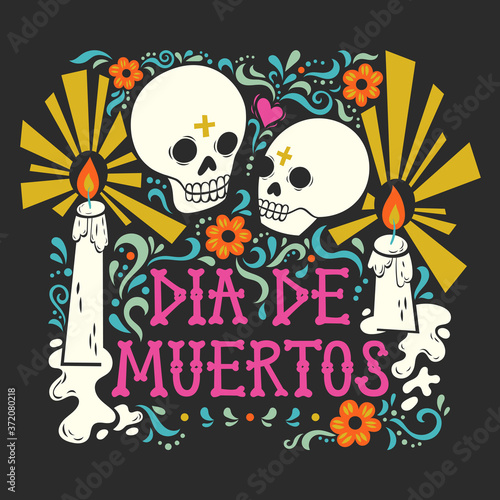 Vector hand drawn illustration of Mexican holiday "Day of the Dead". The postcard with the frame of marigold flowers and candles and lettering "Dia de Muertos"