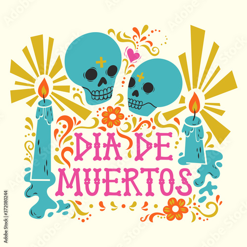 Vector hand drawn illustration of Mexican holiday "Day of the Dead". The postcard with the frame of marigold flowers and candles and lettering "Dia de Muertos"