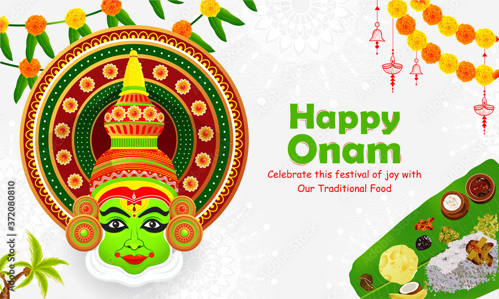 Happy Onam traditional white decorated background with kathakali dancer face, traditional food (sadya) served on banana leaf for south indian harvest festival.