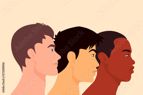 Three Multy Ethnic Men of Different Nationalities Standing Together. Friendship of Peoples, LGBT, Gay, Racial Equality Concept. Empowerment Movement. Struggle for Freedom. Vector. Side View