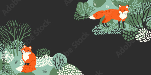 Vector illustration with the frame of winter snowy forest and fluffy red foxes. Good for banner on Christmas and New Year holidays.