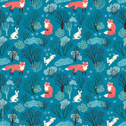 Vector seamless pattern with foxes and hares in the woodland