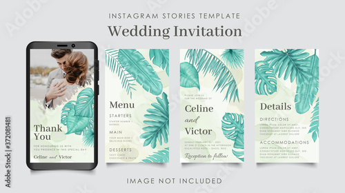 Wedding instagram stories template with tropical leaves frame