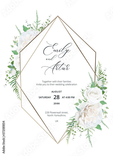 Wedding trendy elegant invite, save the date, greeting, thank you card, floral design. Pale ivory White peony Rose flowers, sage green herbs, Eucalyptus branches, greenery & geometrical metallic frame
