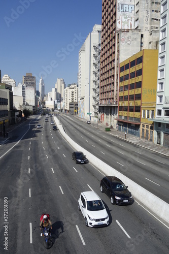 Sao Paulo cityscape  vehicles traffic  city architecture  Prestes Maia avenue  downtown
